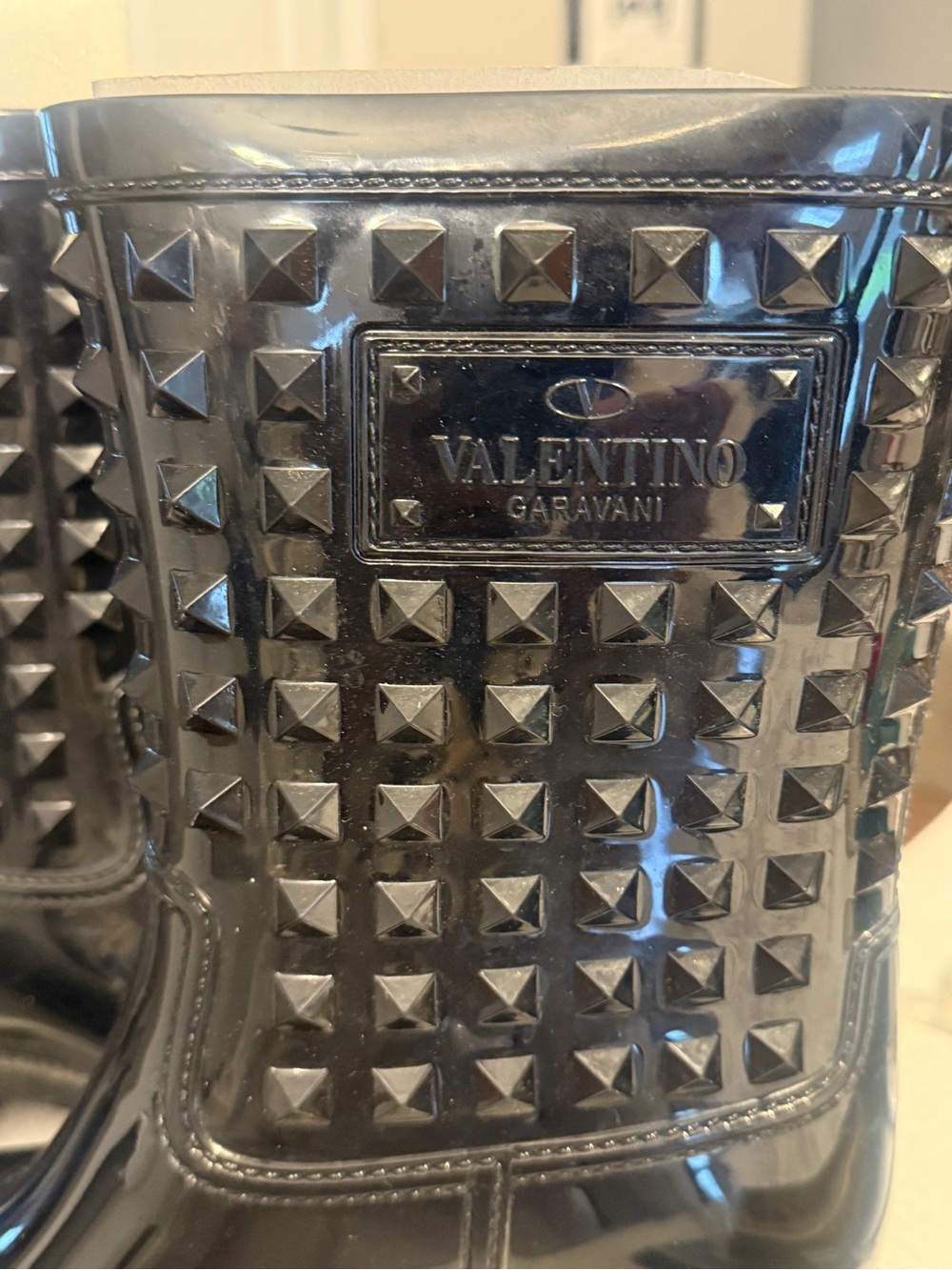 Valentino Garavani Black Patent  Rock Studded Mid-Calf Rain Boots - Picture 3 of 5